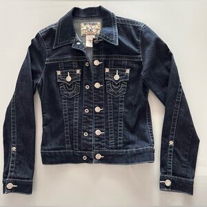 True Religion Vintage Contrast Stitch Denim Jacket - Extra Small Dark Wash Denim